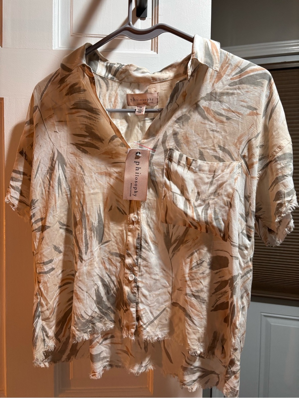 Philosophy Short Sleeve Button-Up Shirt — Ivory with Taupe & Gray Leaf Print
